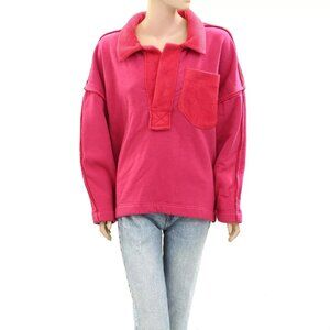 Free People Structured Polo Sweatshirt Top Slouchy Cotton Oversized L NEW 274541